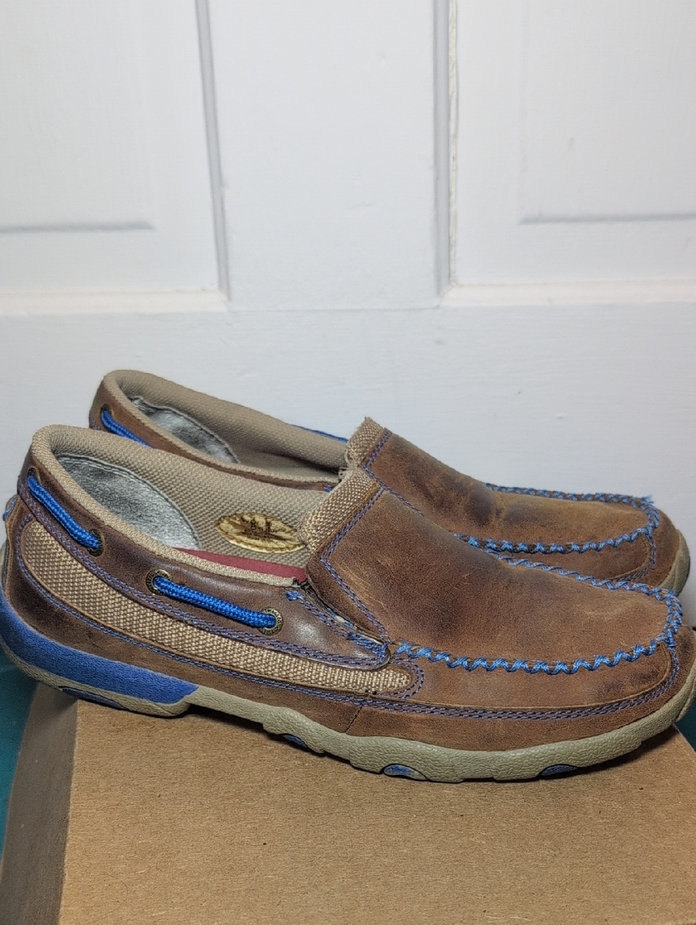 Twisted X Brown Leather Slip-On Loafers with Blue Accents